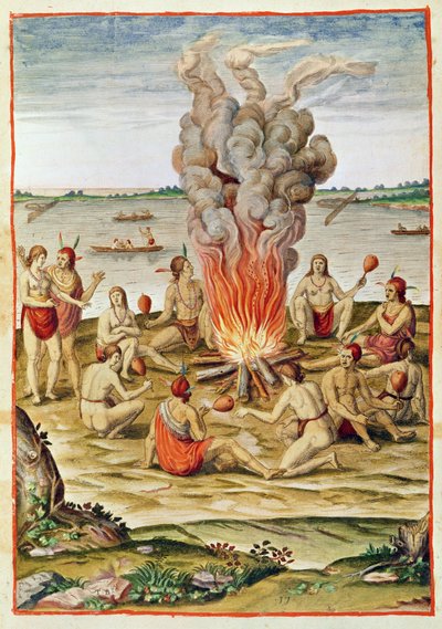 Admiranta Narratio, the Celebration of a Victory around a Fire (page 79, plate 17), 1585-88 by Theodore de Bry